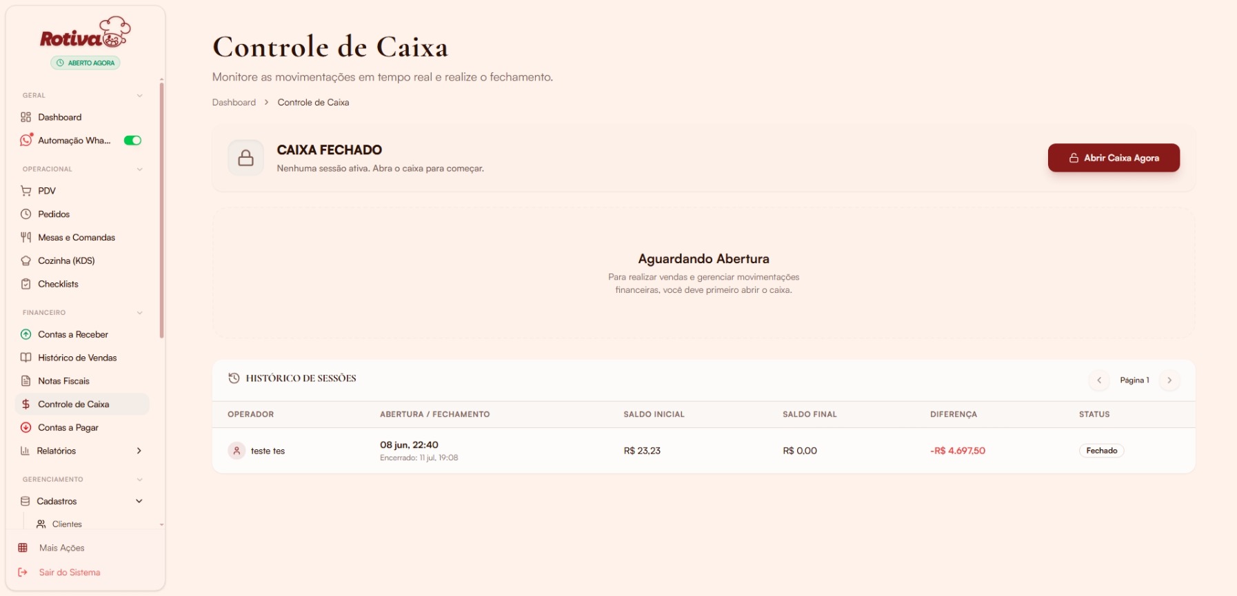 Tela com caixa fechado aguardando abertura