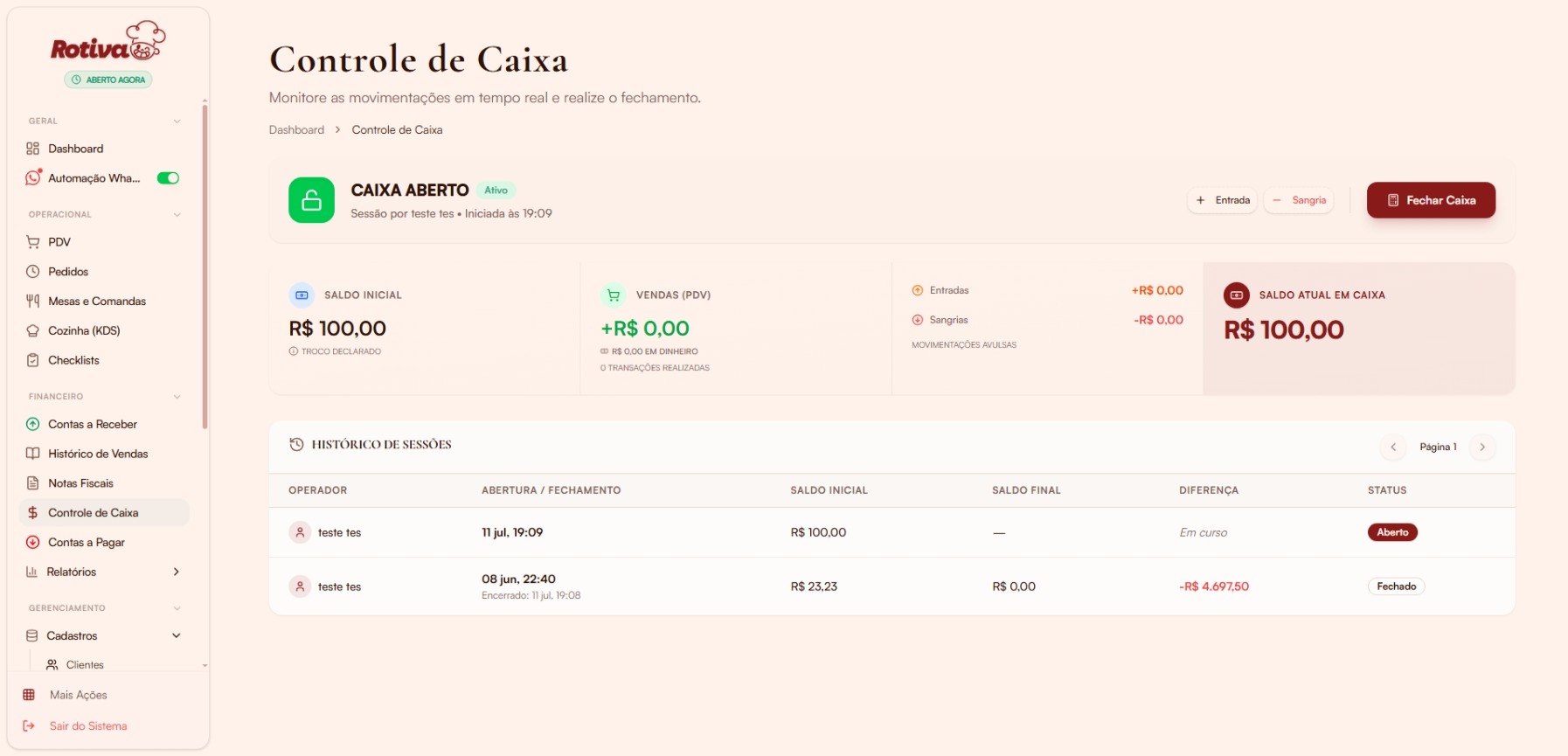 Caixa aberto com resumo financeiro
