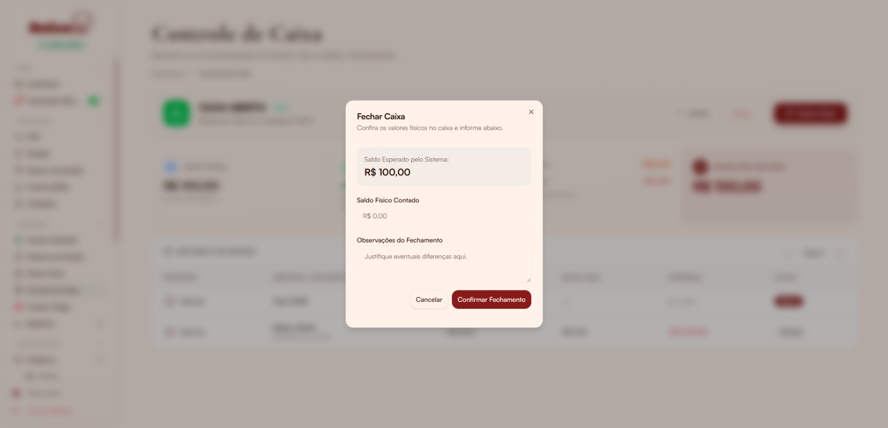 Modal de fechamento com conferência de valores