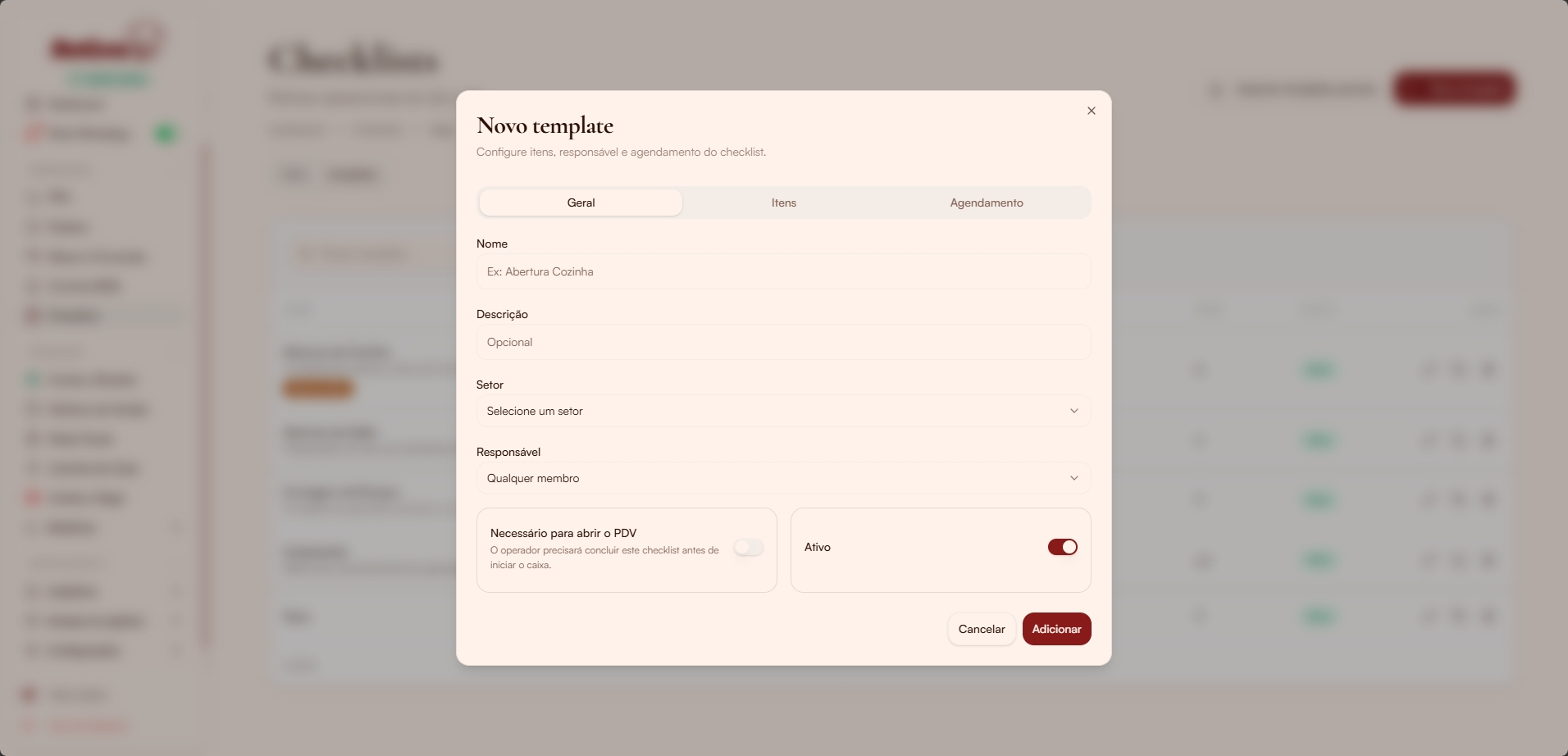Modal novo template — aba Geral
