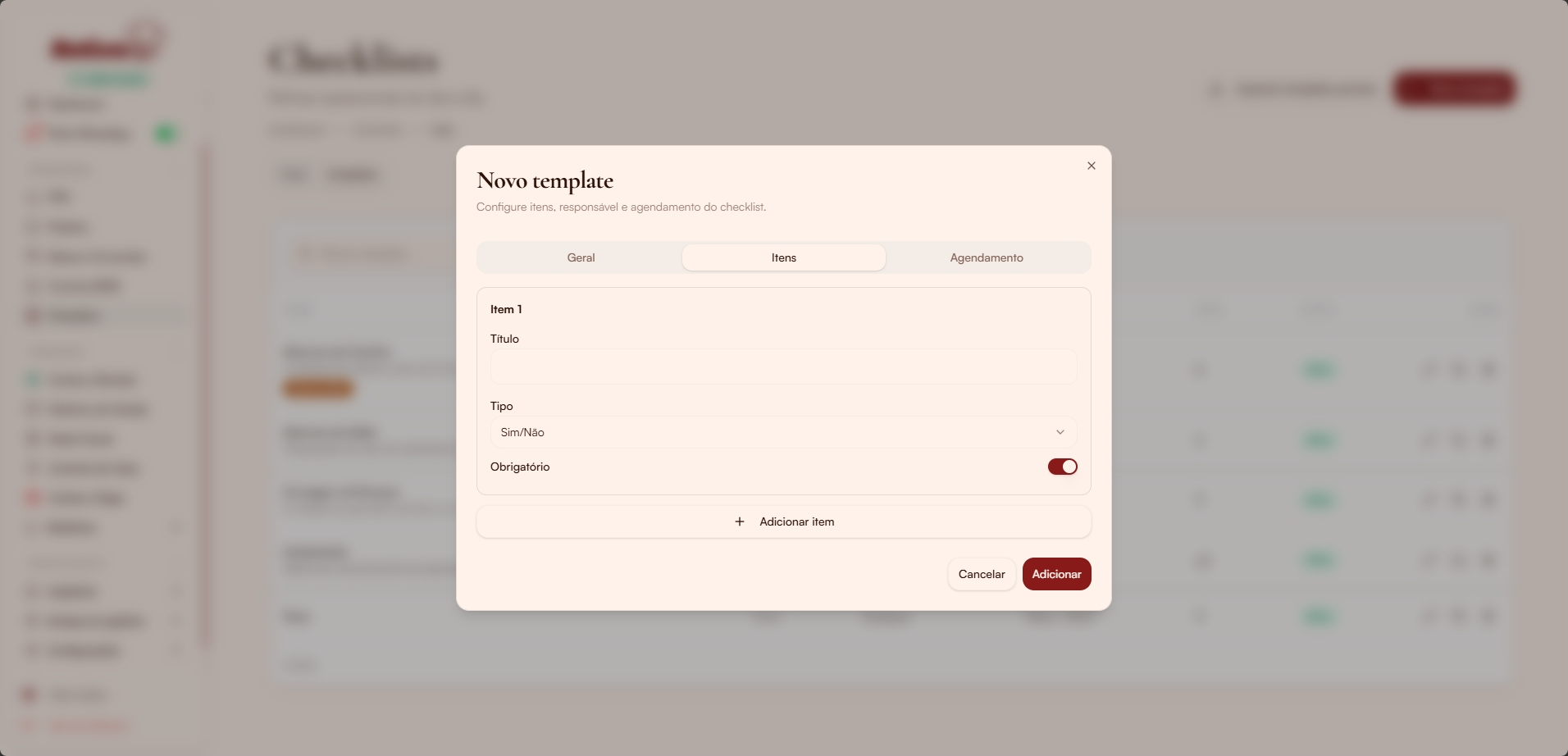 Modal novo template — aba Itens