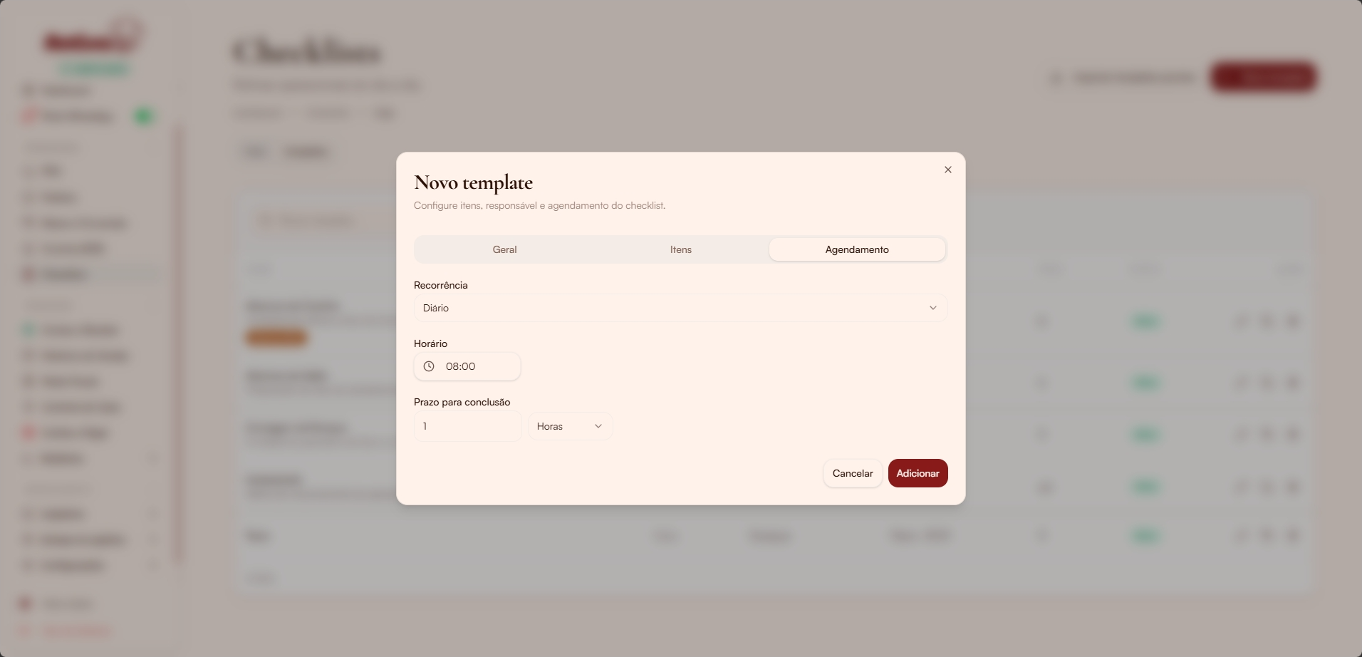 Modal novo template — aba Agendamento