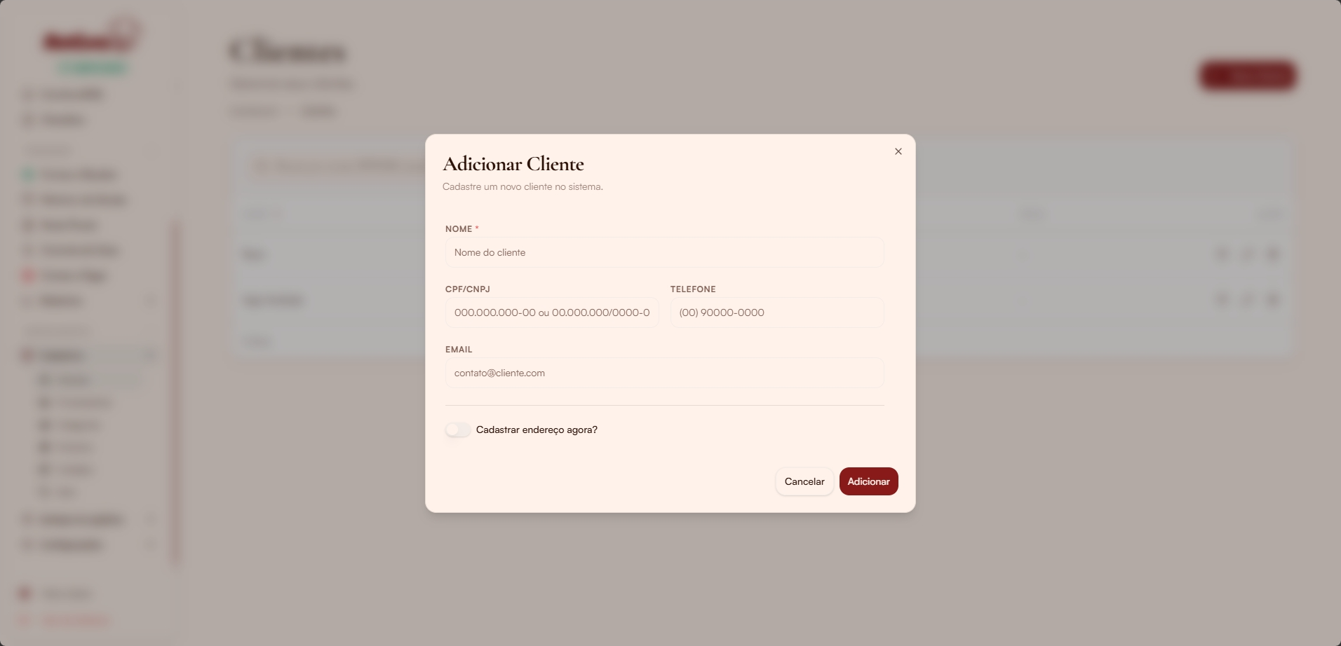 Modal adicionar cliente