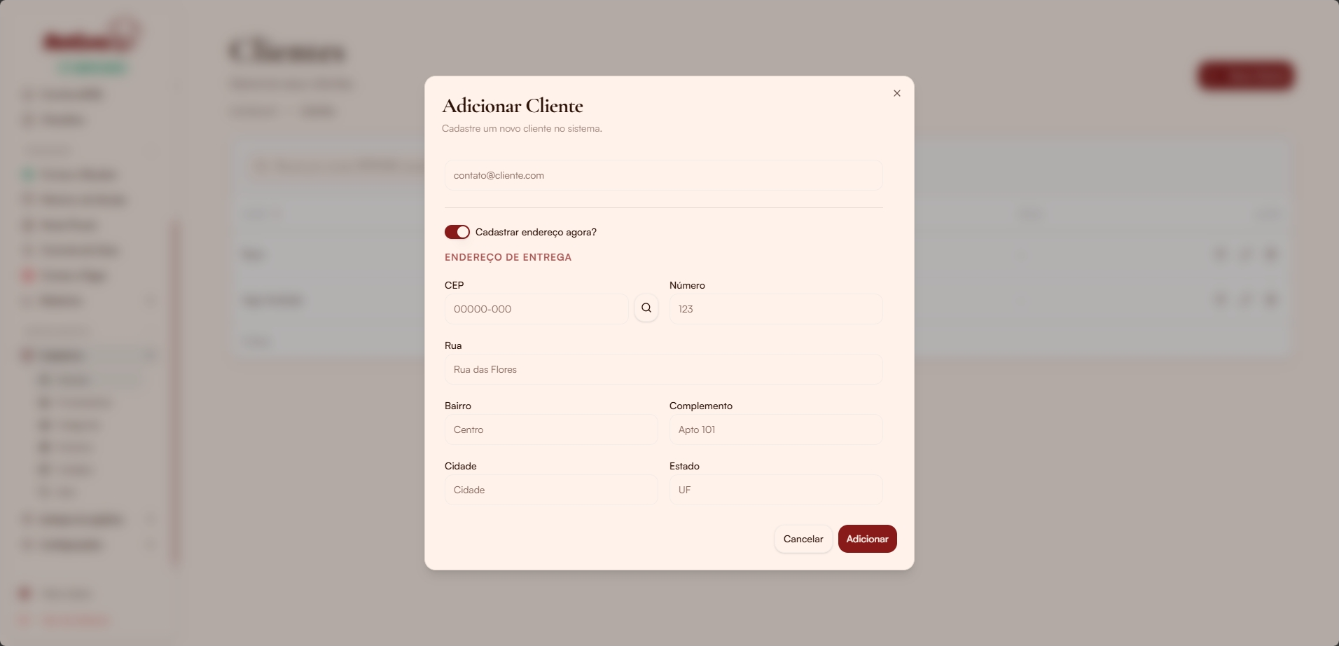 Modal com endereço de entrega