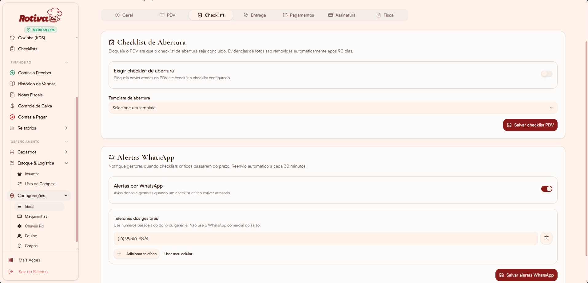 Checklists nas configurações