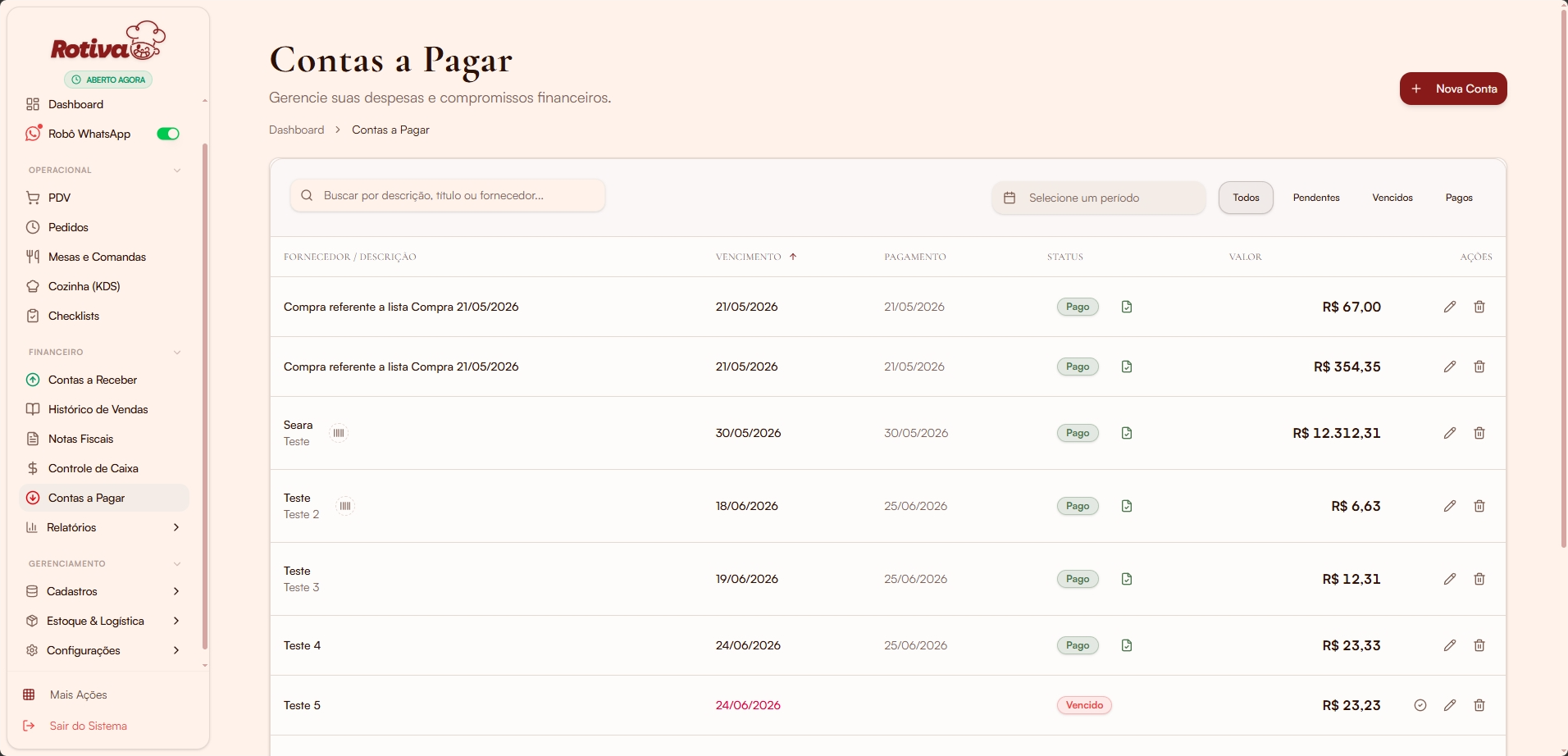 Lista de contas a pagar