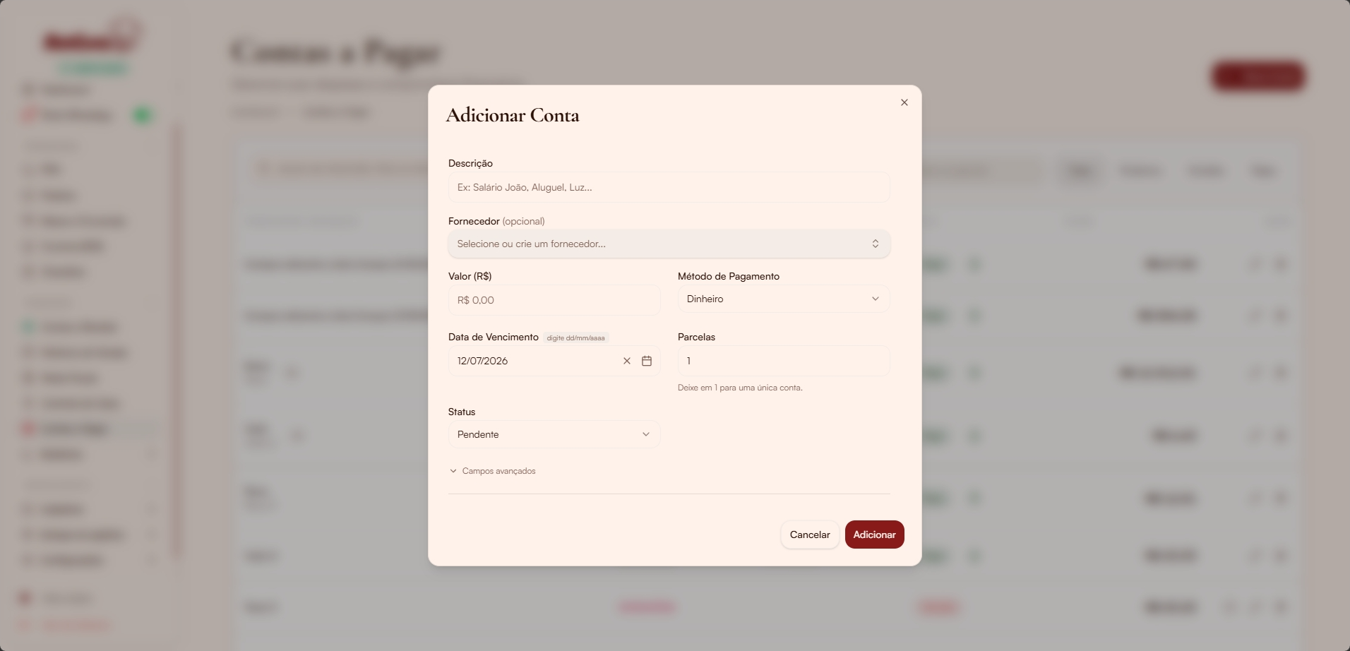 Modal adicionar conta