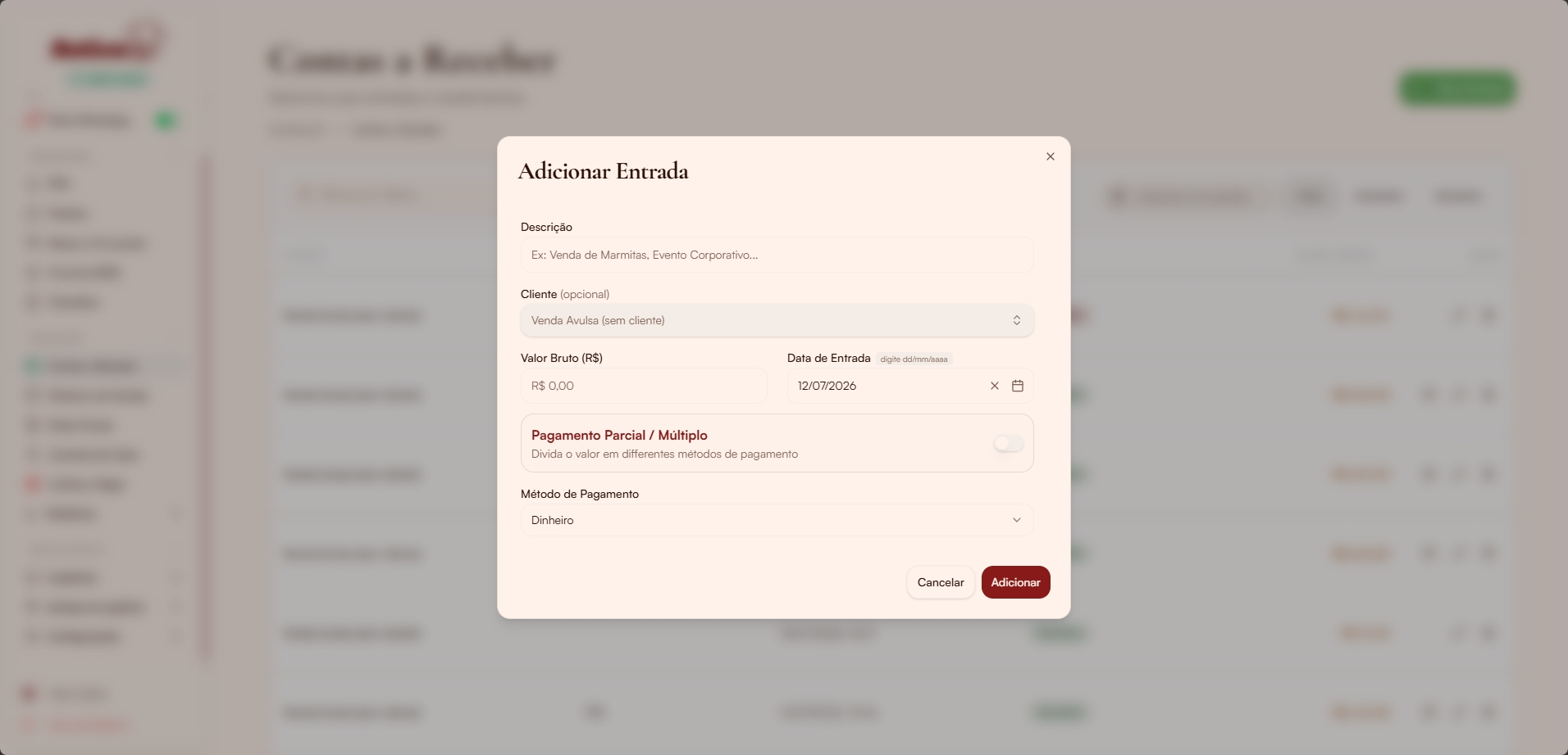 Modal adicionar entrada
