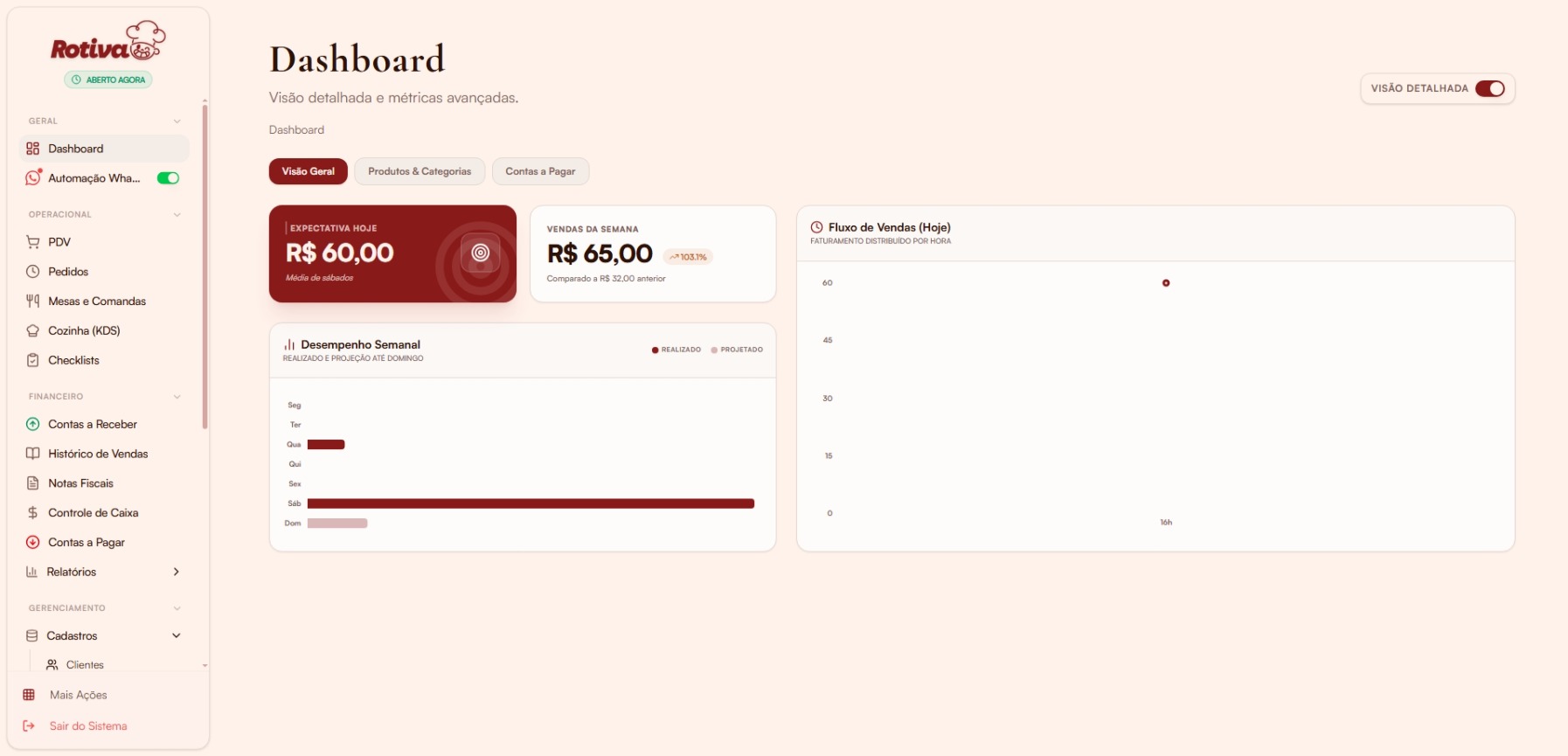 Dashboard — visão detalhada, aba Visão Geral