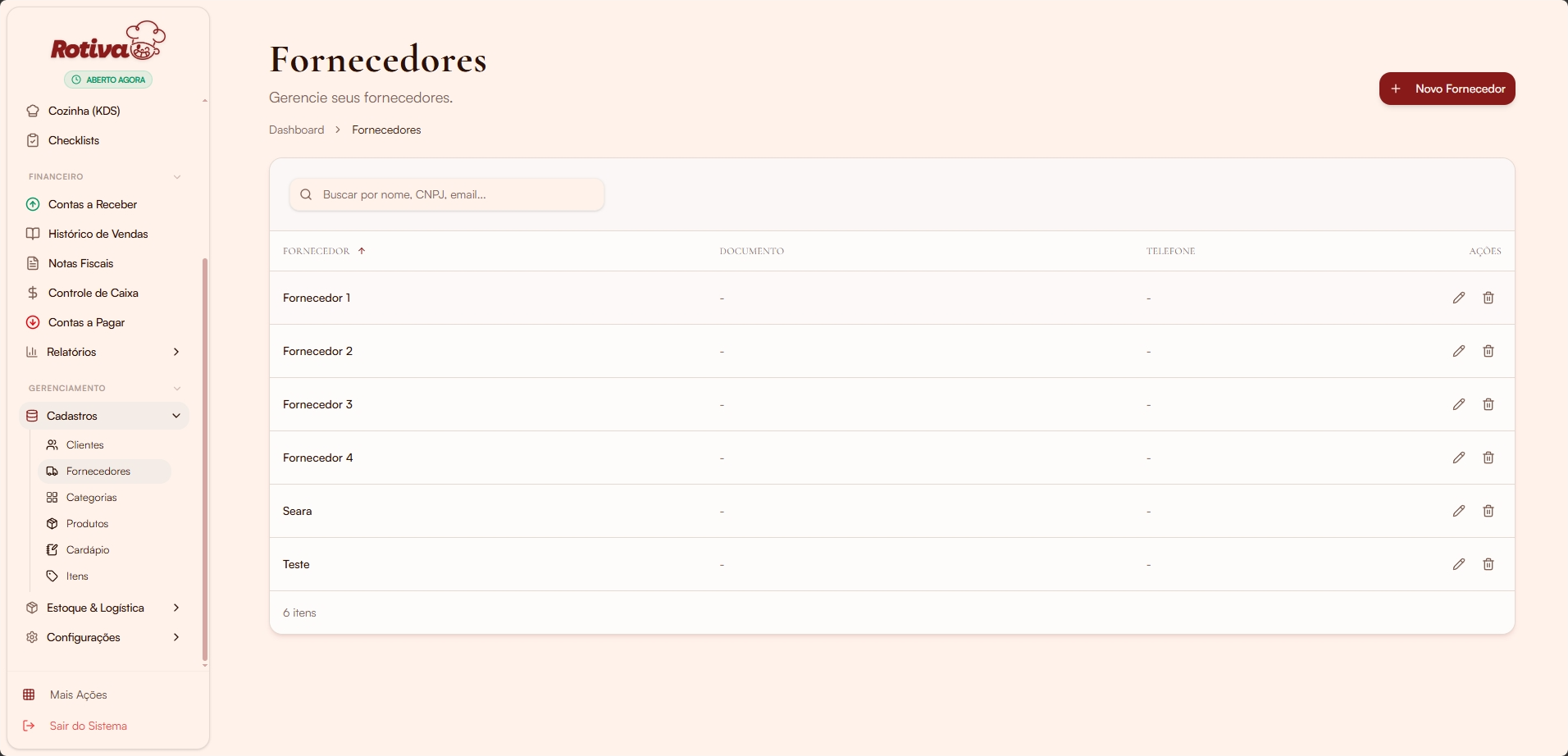 Lista de fornecedores