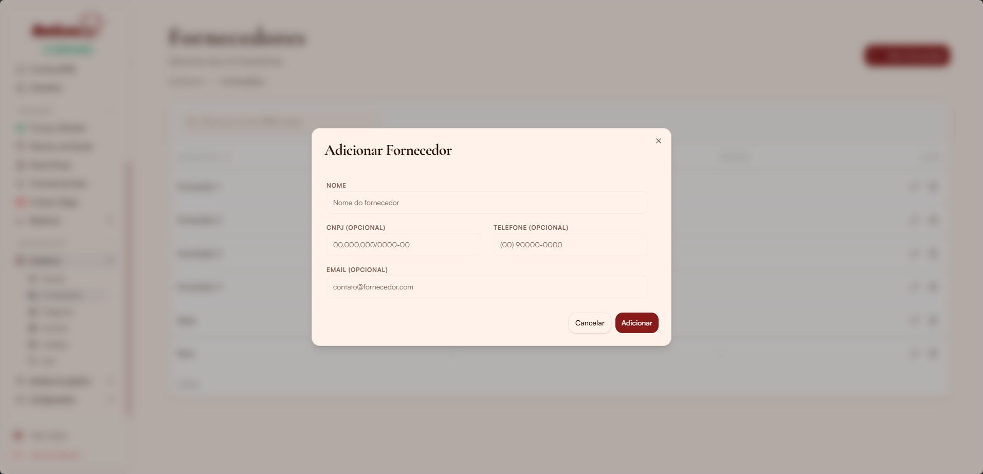 Modal adicionar fornecedor
