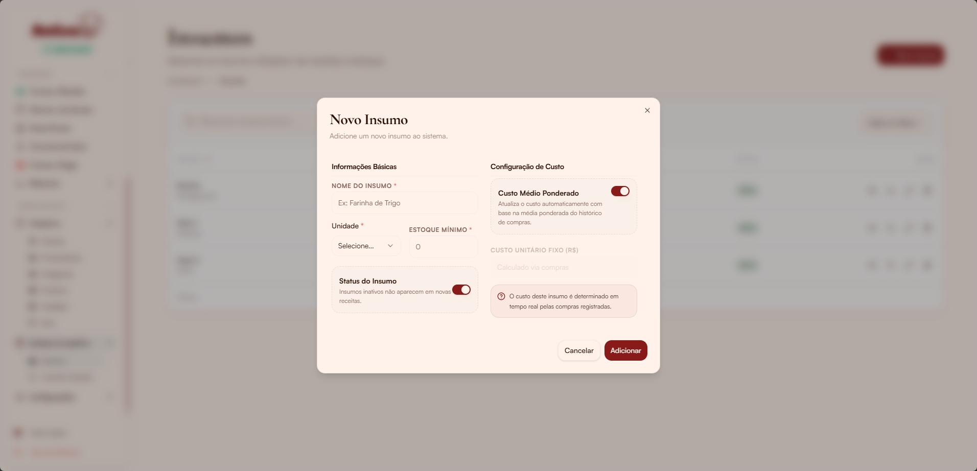 Modal novo insumo