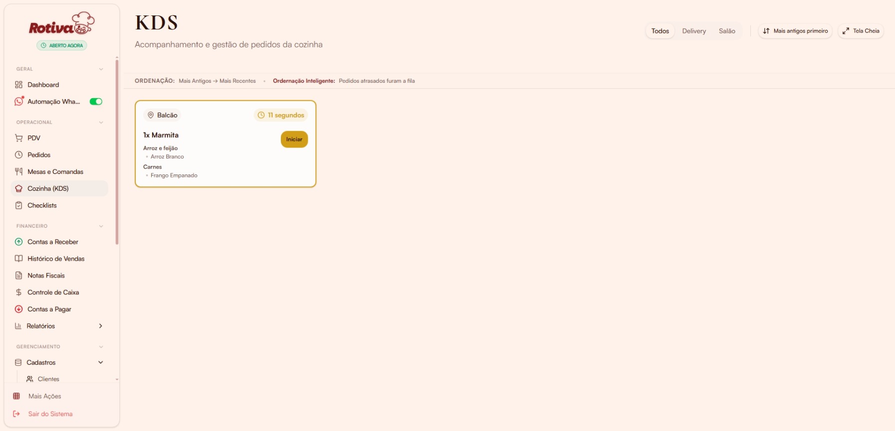 Pedido recebido no KDS com itens pendentes