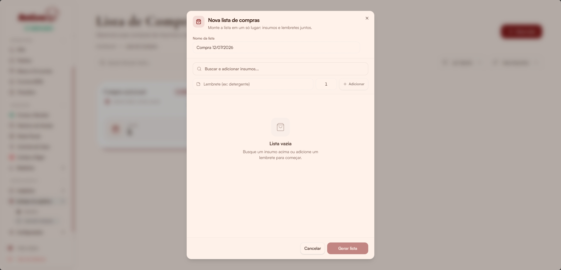 Modal nova lista vazia