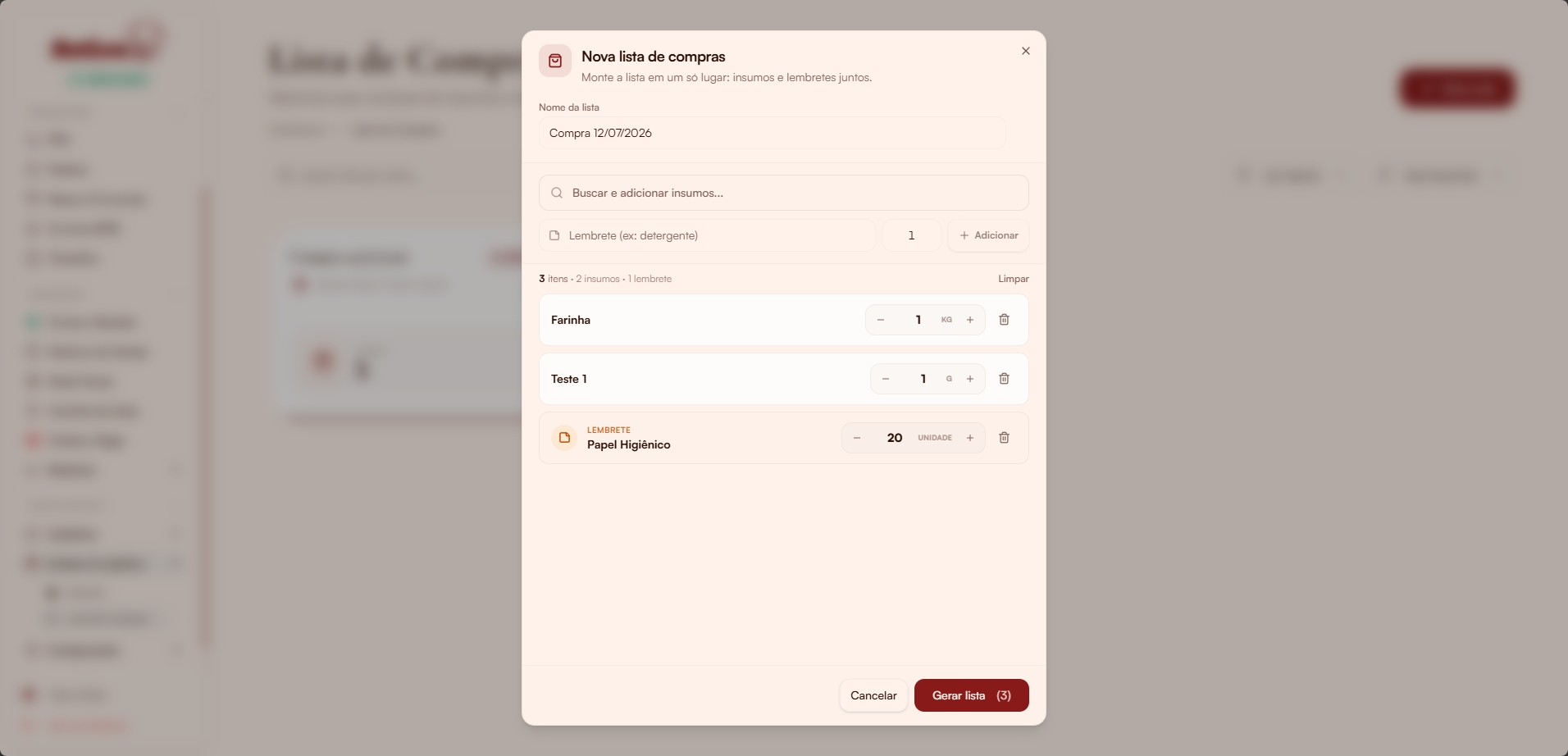 Modal com insumos e lembrete