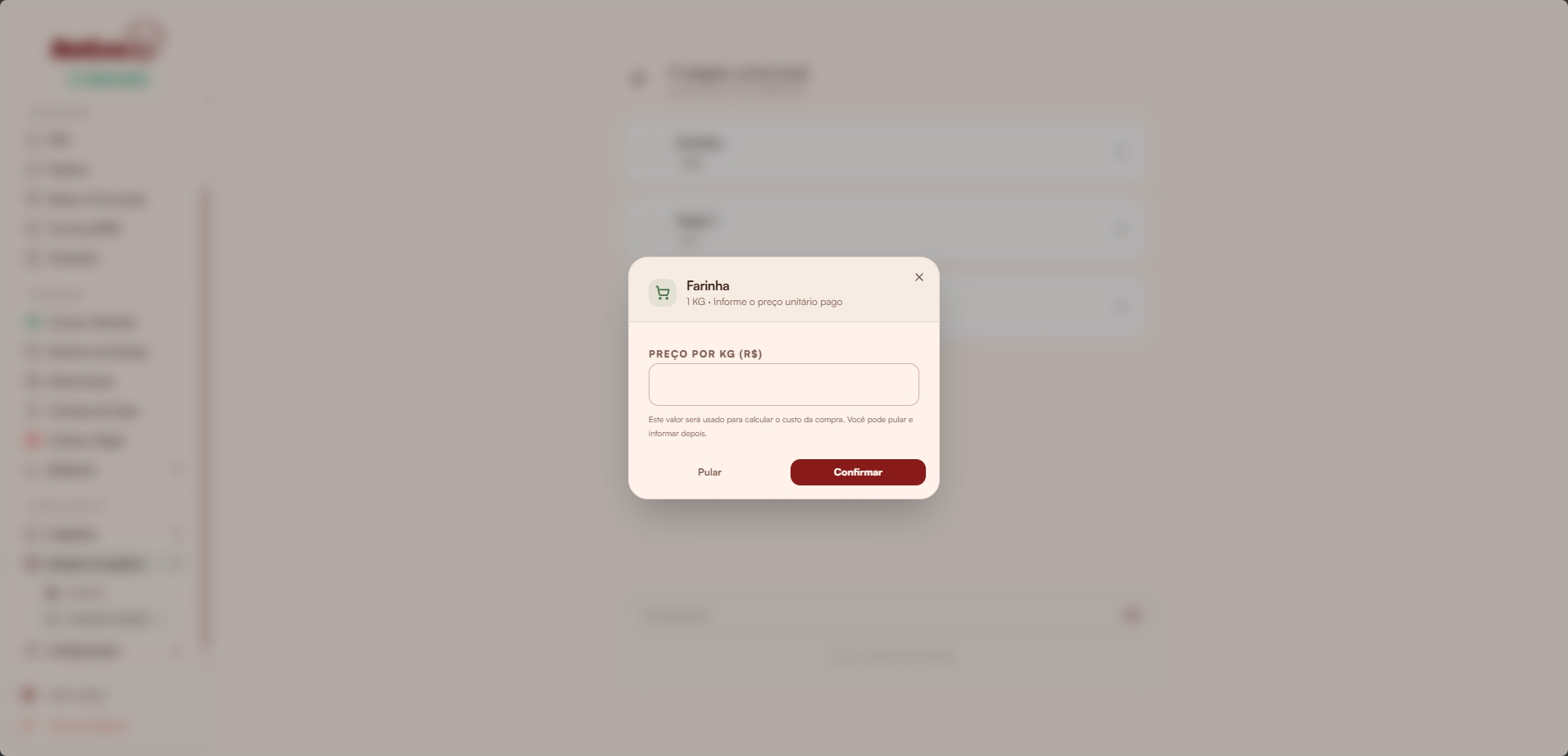 Modal de preço ao marcar insumo