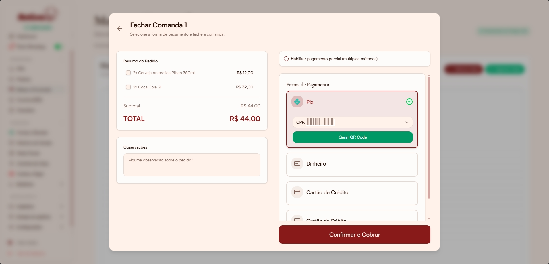 Checkout e pagamento da comanda