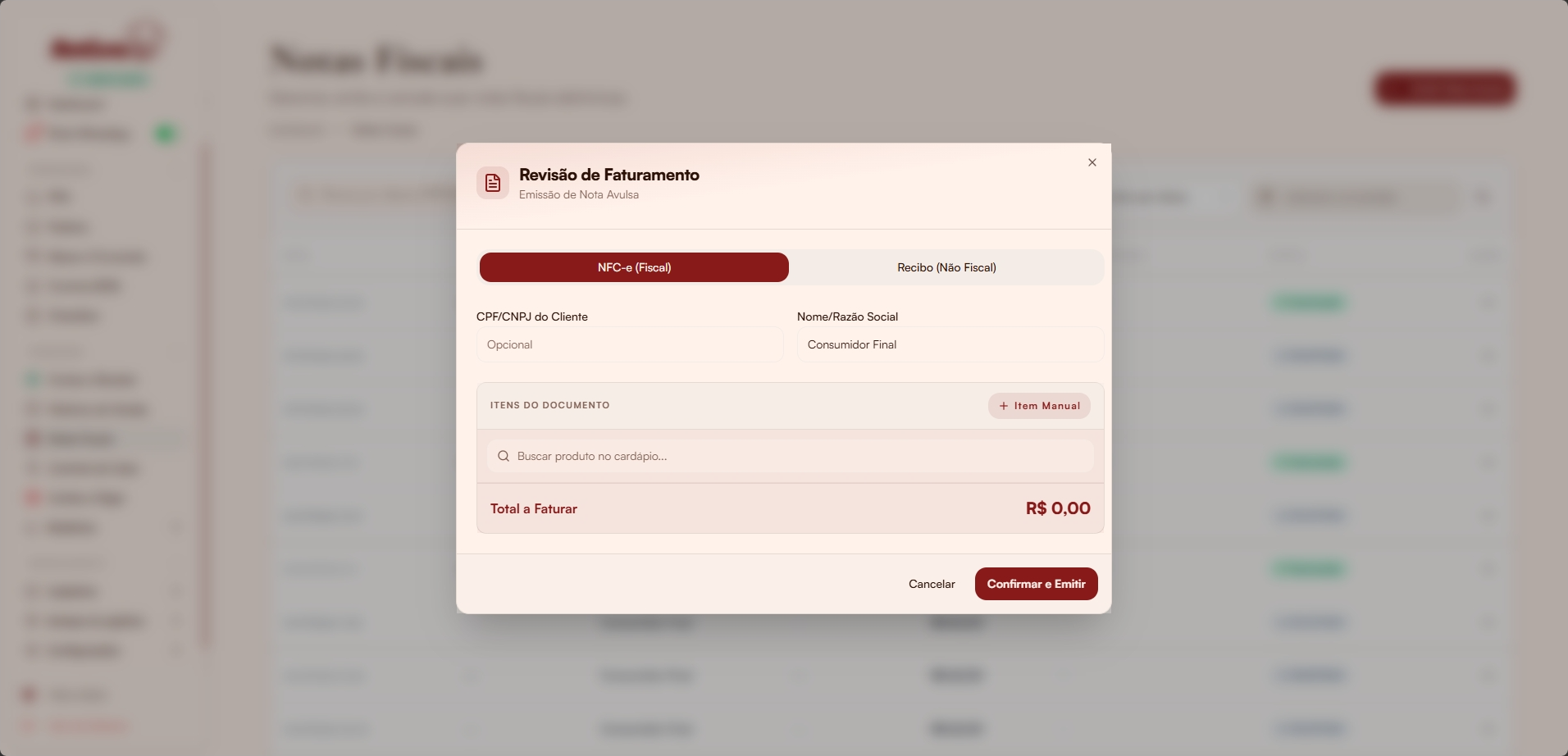 Modal de emissão de nota avulsa