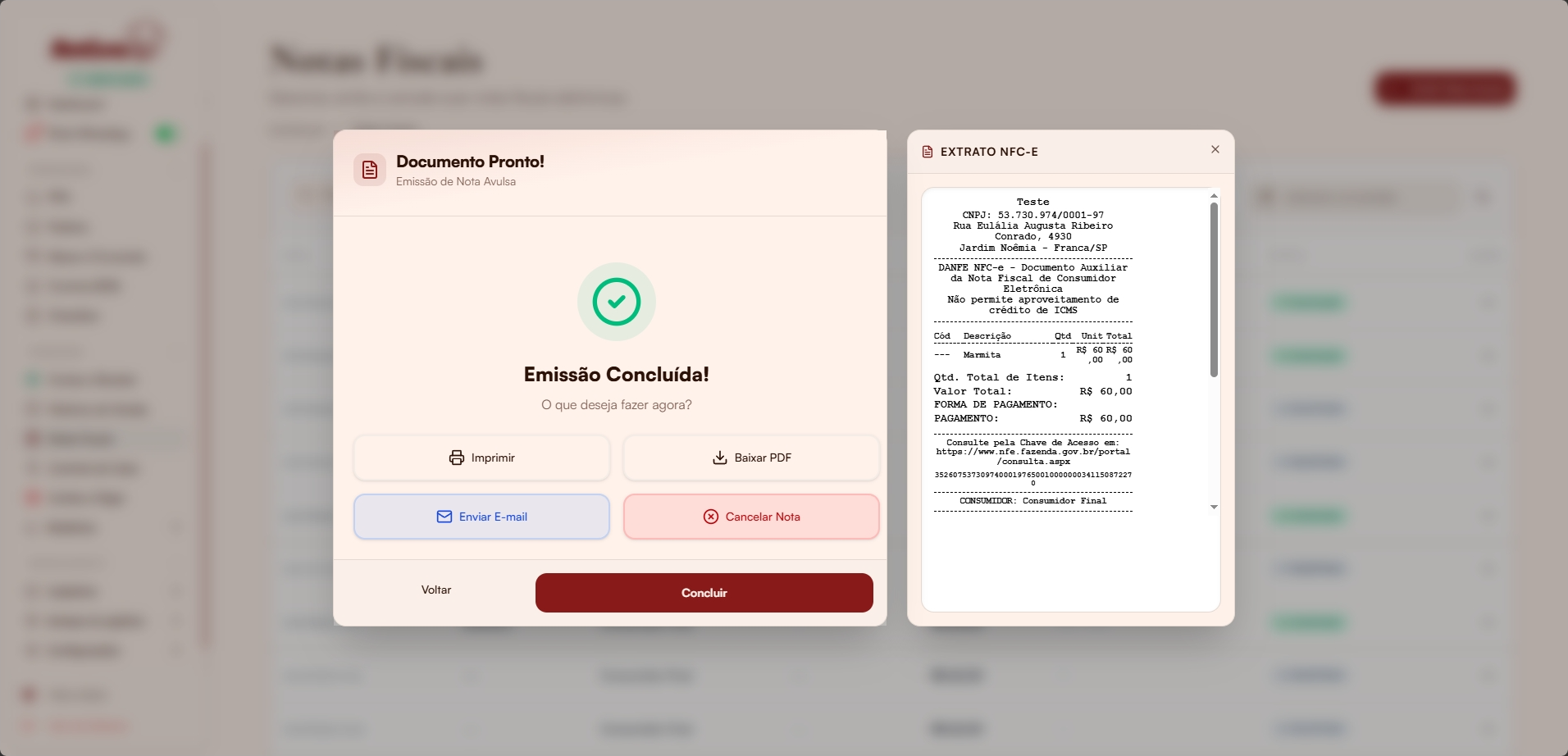 Sucesso da emissão com extrato NFC-e