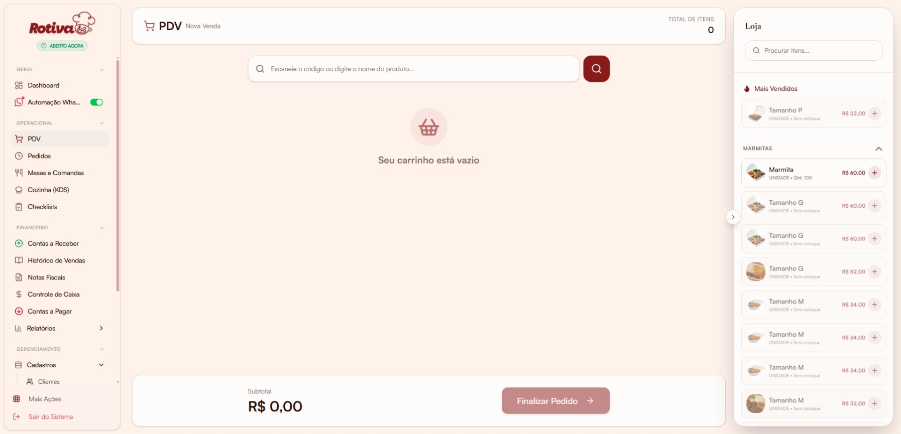 PDV com carrinho vazio e vitrine de produtos