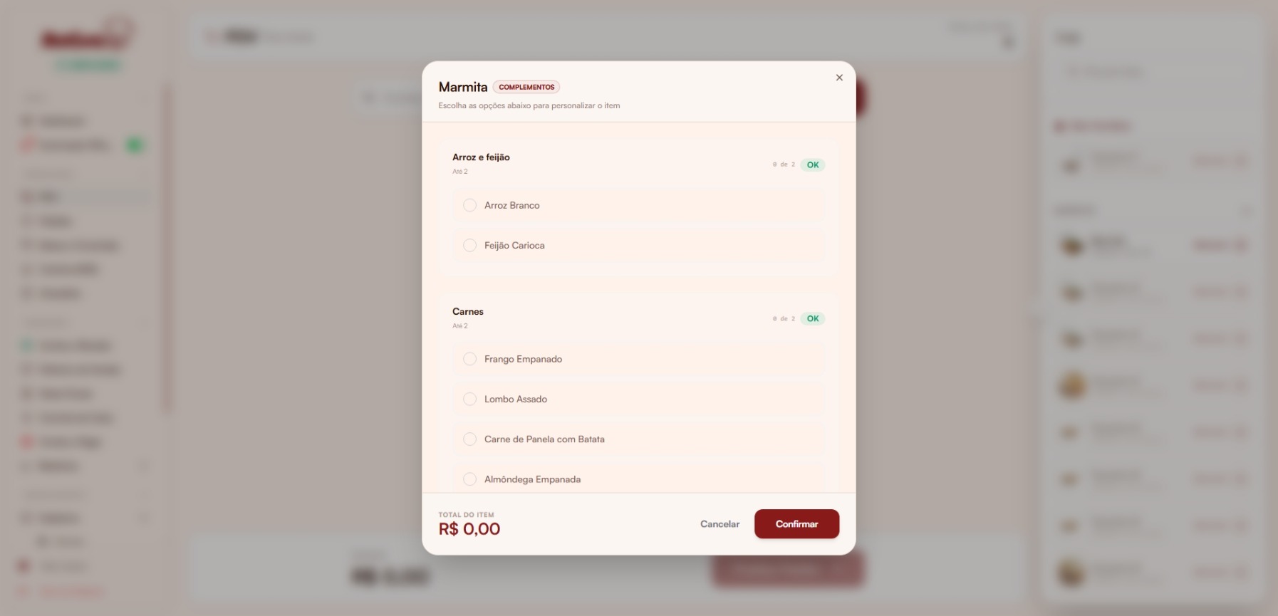 Diálogo de complementos ao adicionar um produto