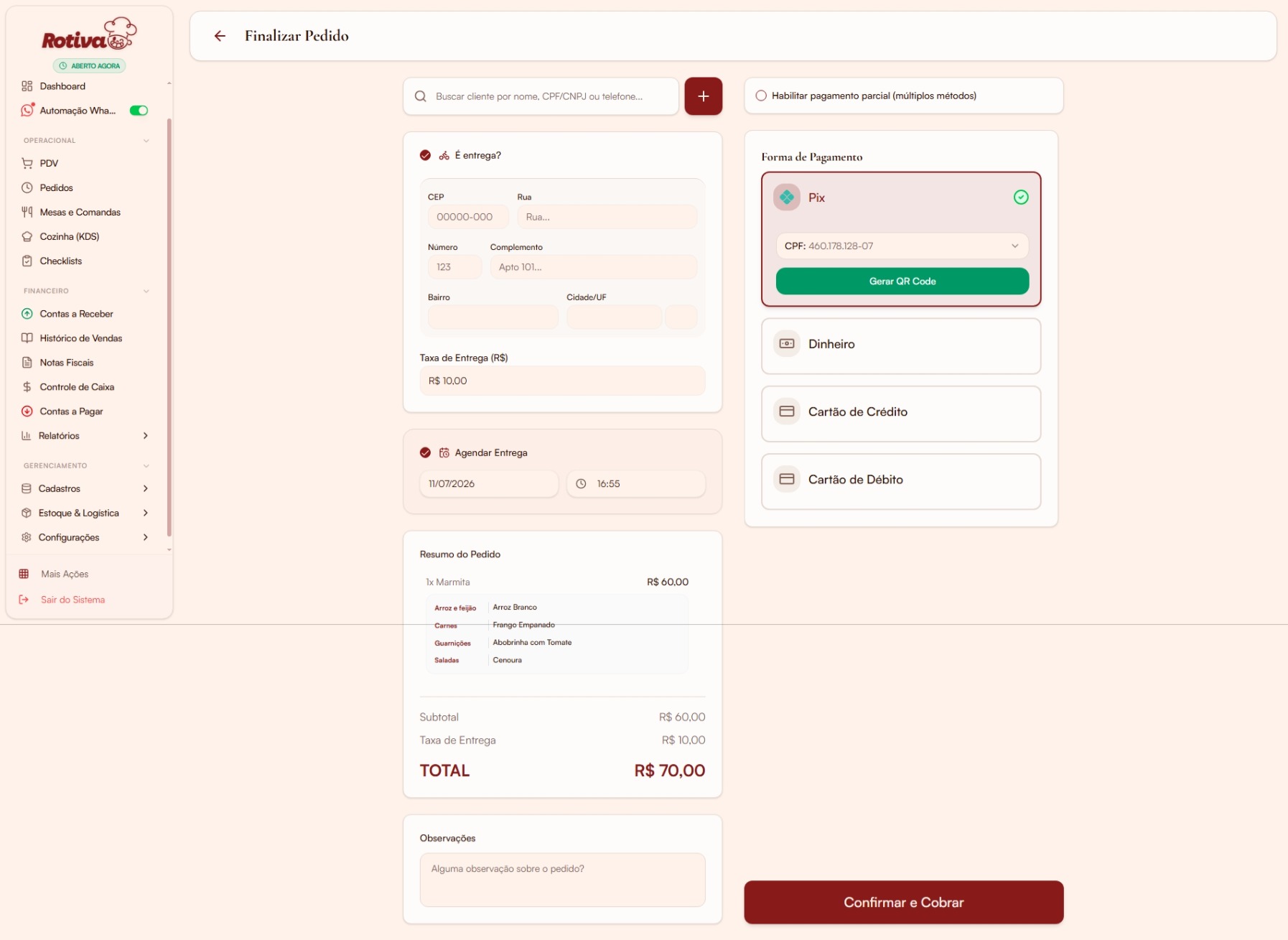 Tela de finalização com forma de pagamento