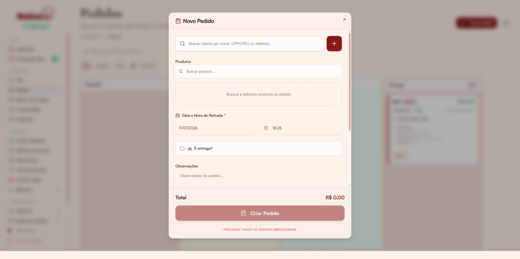 Modal de novo pedido manual