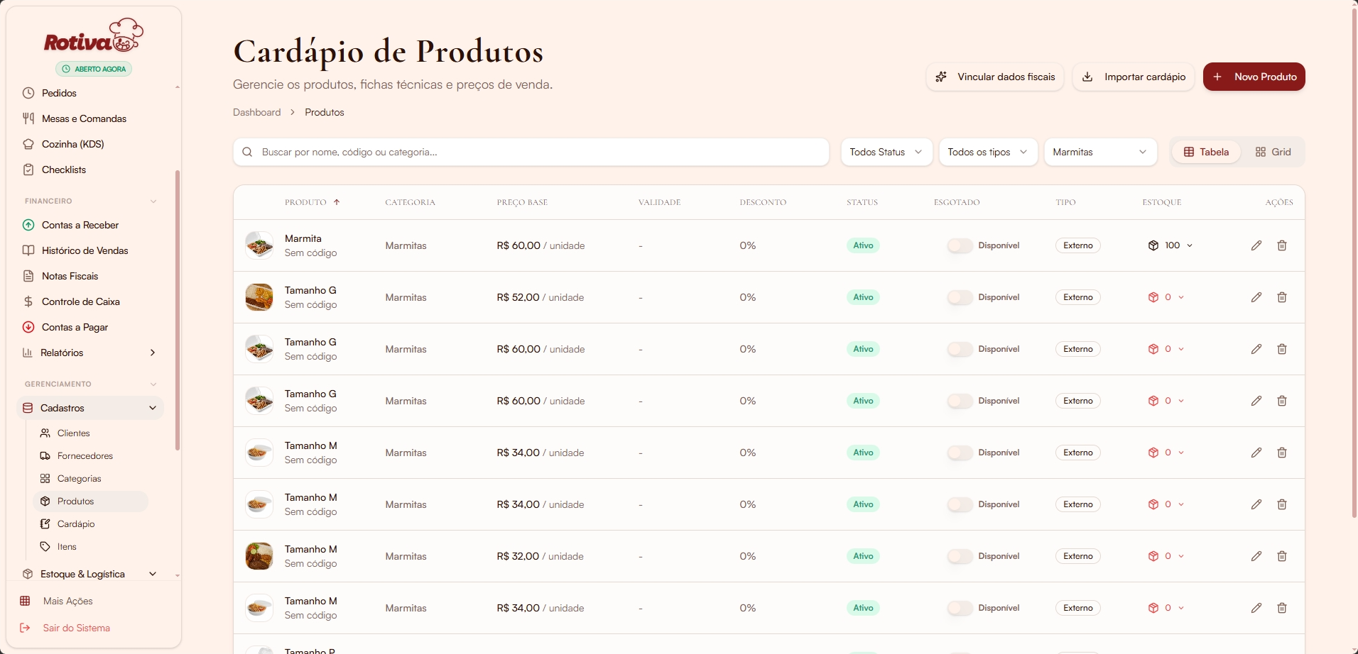 Lista de produtos em tabela