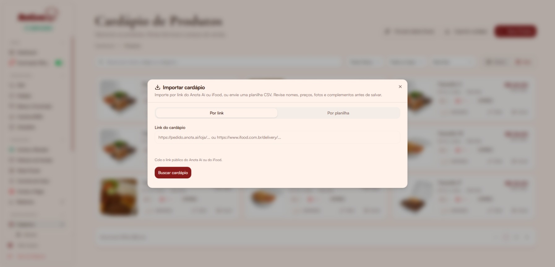 Importar cardápio por link ou planilha