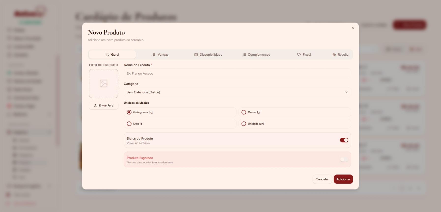 Modal Novo Produto — aba Geral