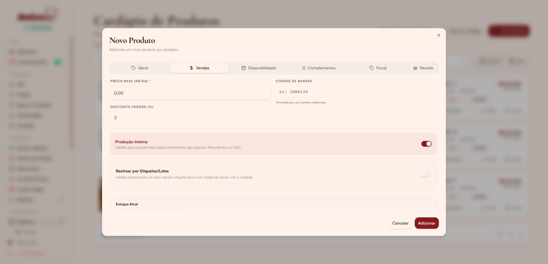 Modal Novo Produto — aba Vendas