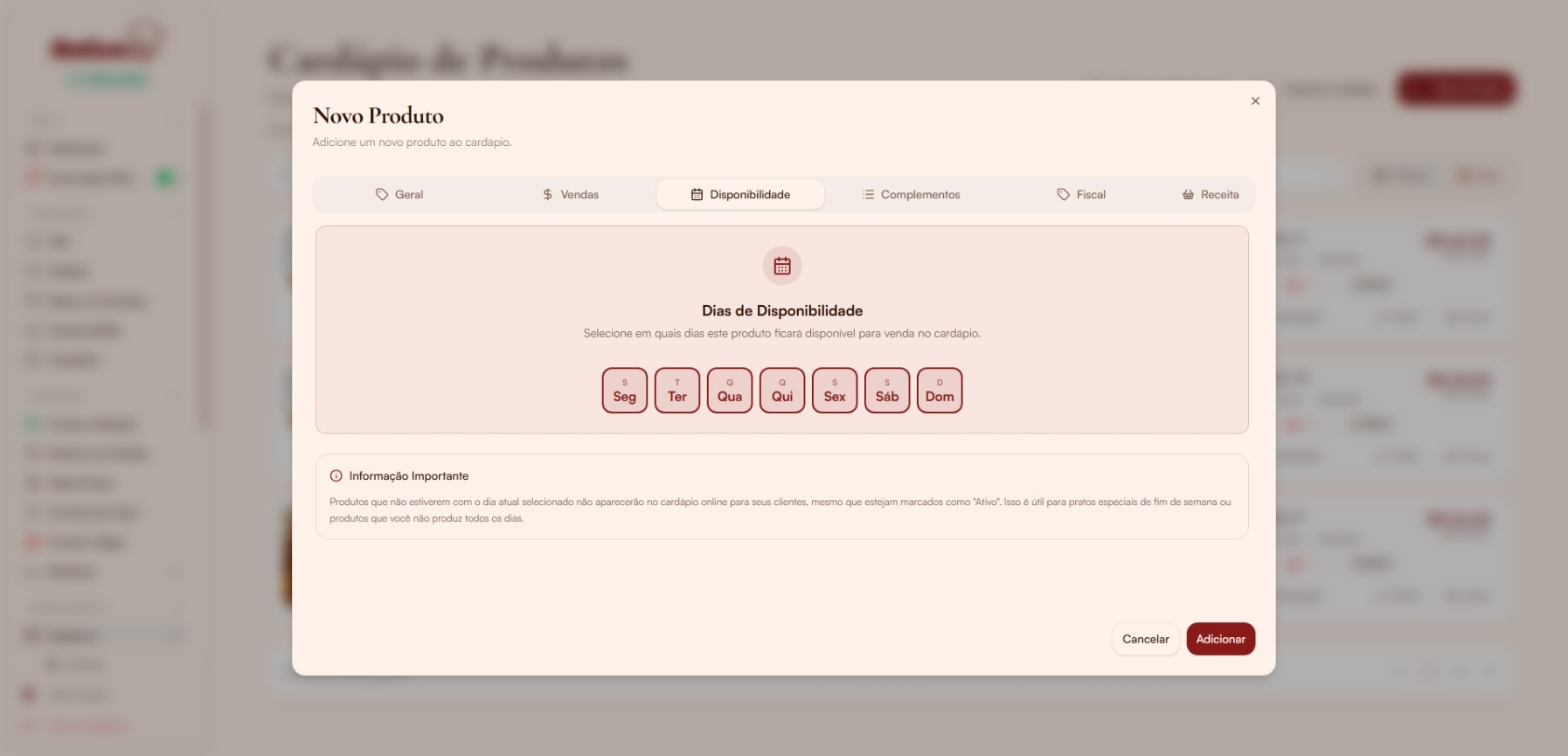 Modal Novo Produto — aba Disponibilidade