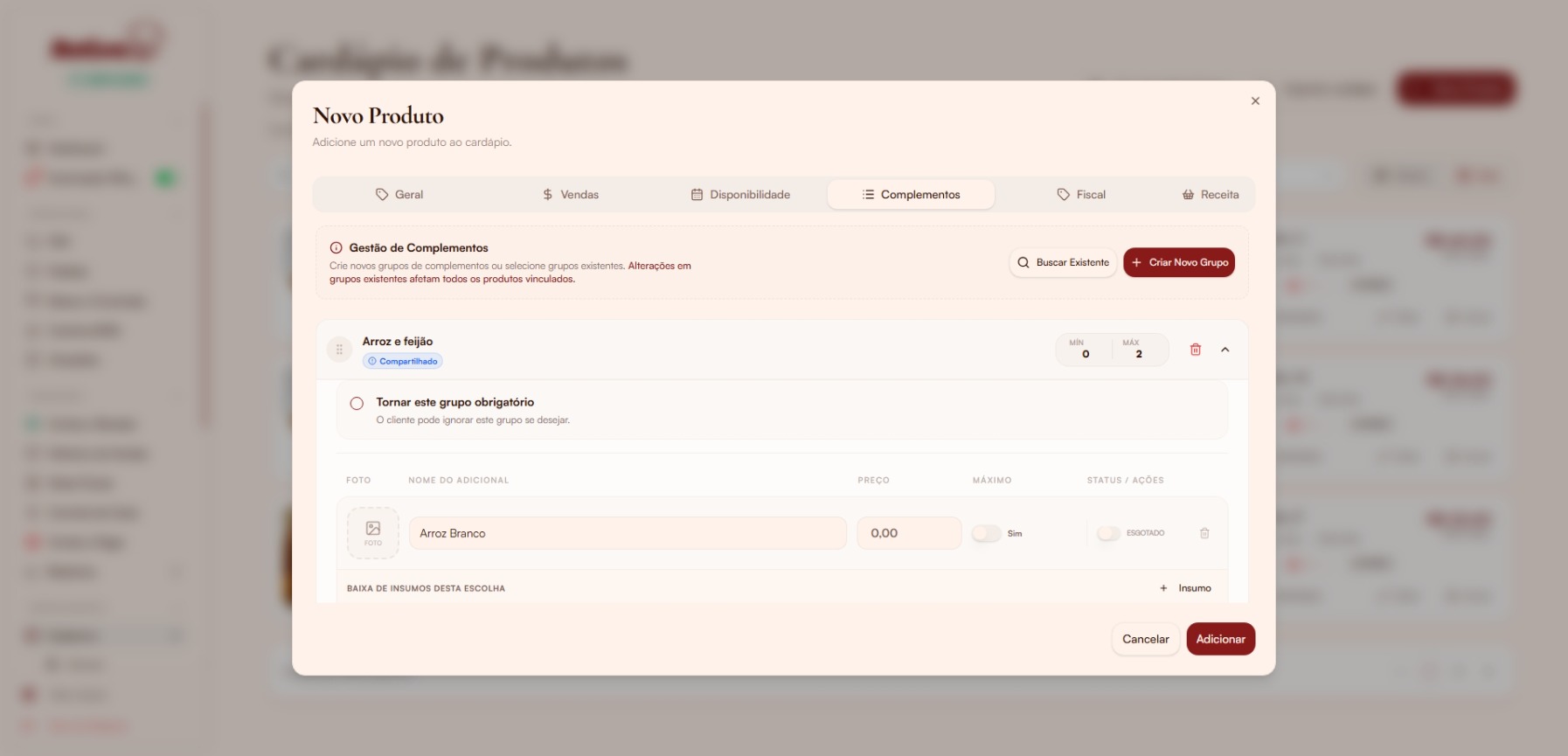 Modal Novo Produto — aba Complementos