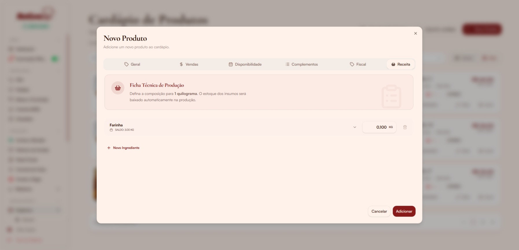 Modal Novo Produto — aba Receita