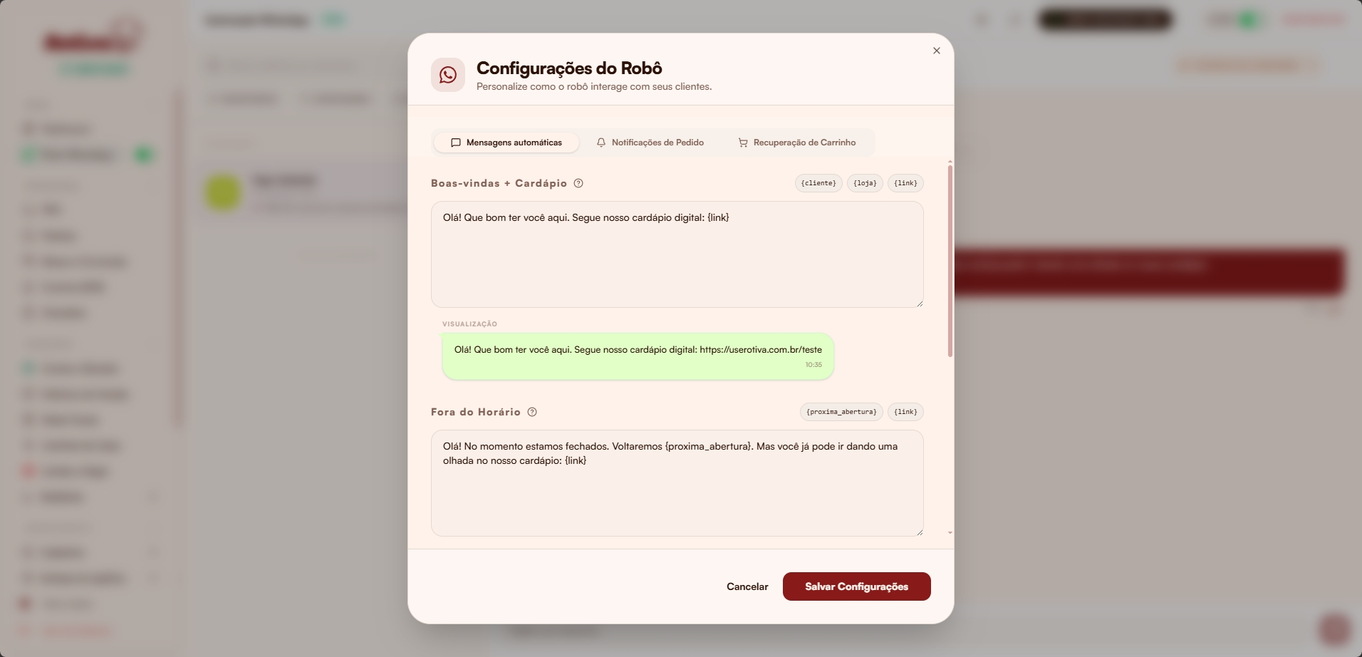 Configurações do Robô